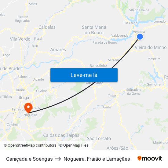 Caniçada e Soengas to Nogueira, Fraião e Lamaçães map