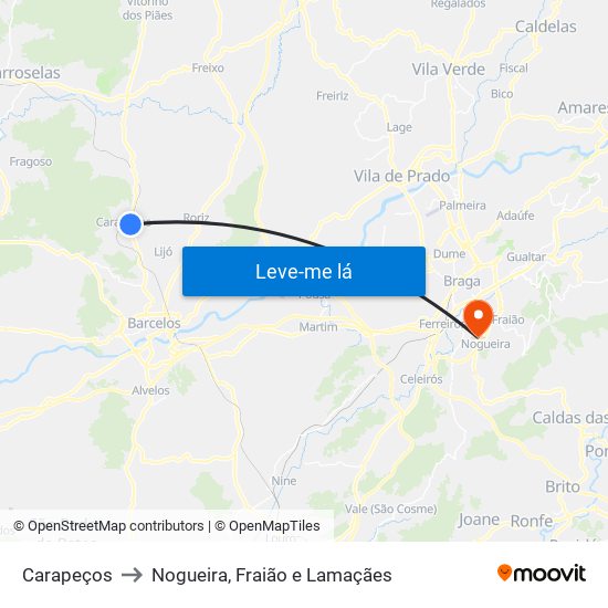 Carapeços to Nogueira, Fraião e Lamaçães map