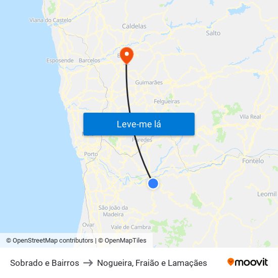 Sobrado e Bairros to Nogueira, Fraião e Lamaçães map