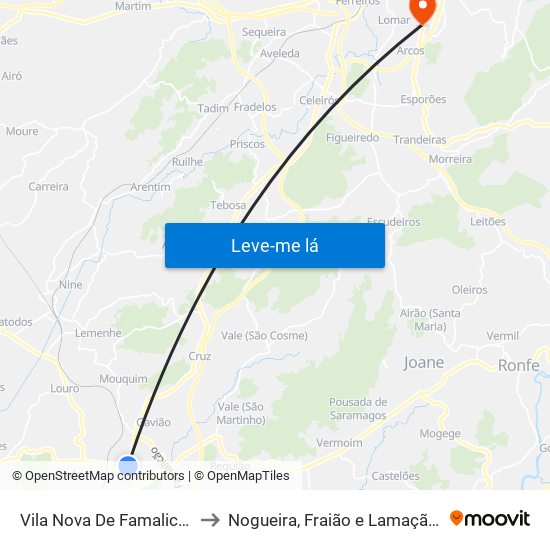 Vila Nova De Famalicão to Nogueira, Fraião e Lamaçães map