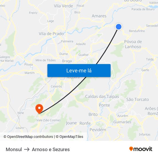 Monsul to Arnoso e Sezures map