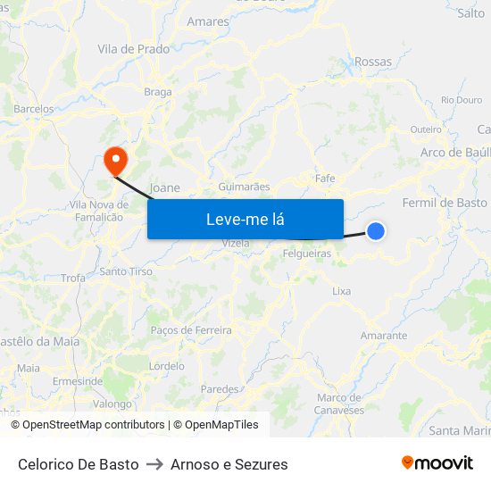 Celorico De Basto to Arnoso e Sezures map