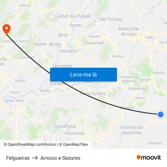 Felgueiras to Arnoso e Sezures map