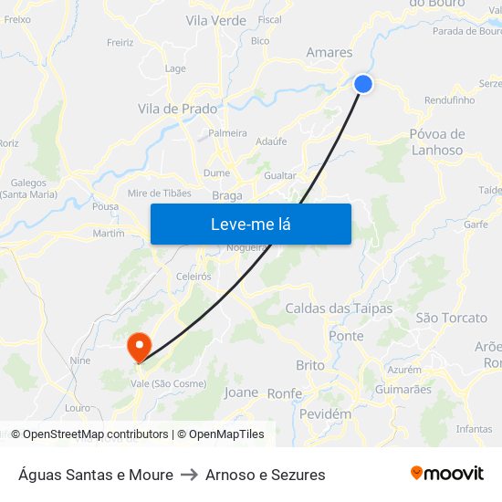 Águas Santas e Moure to Arnoso e Sezures map