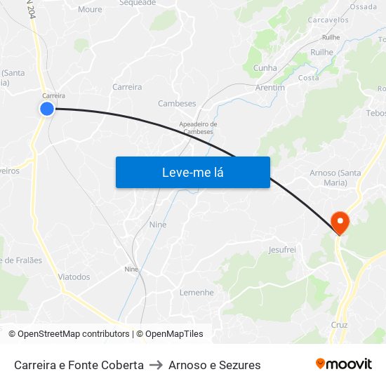 Carreira e Fonte Coberta to Arnoso e Sezures map