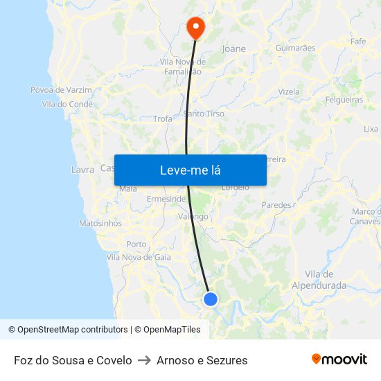 Foz do Sousa e Covelo to Arnoso e Sezures map