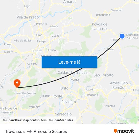 Travassos to Arnoso e Sezures map