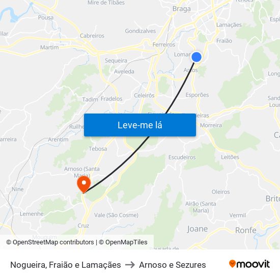 Nogueira, Fraião e Lamaçães to Arnoso e Sezures map
