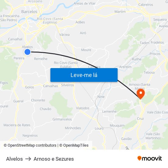Alvelos to Arnoso e Sezures map