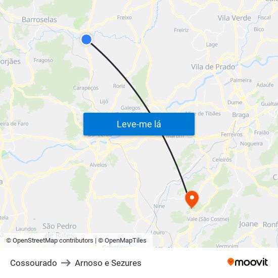 Cossourado to Arnoso e Sezures map
