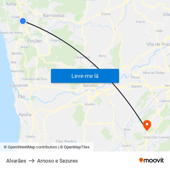 Alvarães to Arnoso e Sezures map