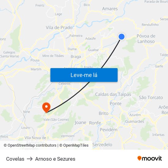 Covelas to Arnoso e Sezures map