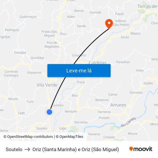 Soutelo to Oriz (Santa Marinha) e Oriz (São Miguel) map