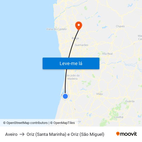 Aveiro to Oriz (Santa Marinha) e Oriz (São Miguel) map