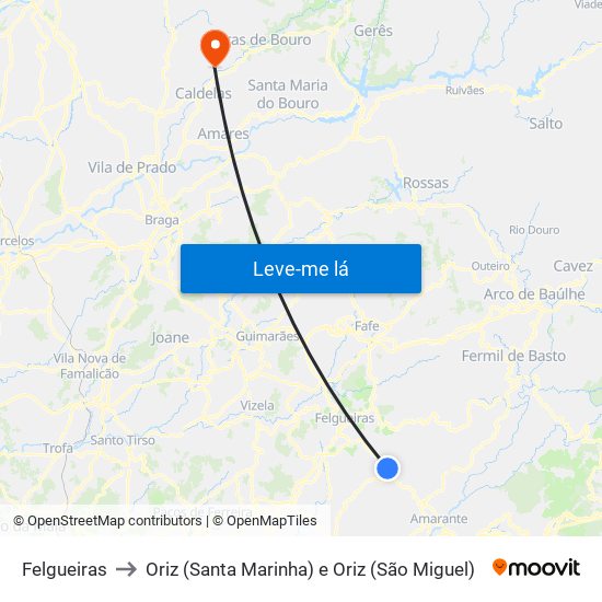 Felgueiras to Oriz (Santa Marinha) e Oriz (São Miguel) map