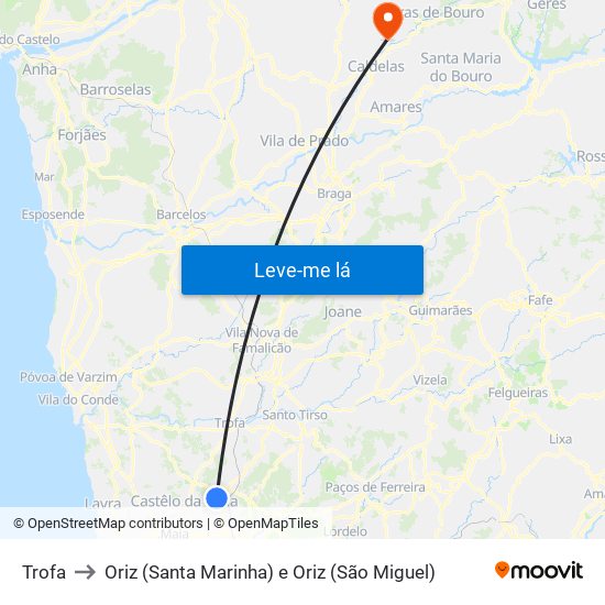 Trofa to Oriz (Santa Marinha) e Oriz (São Miguel) map