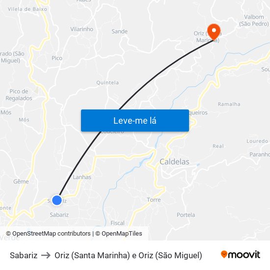 Sabariz to Oriz (Santa Marinha) e Oriz (São Miguel) map