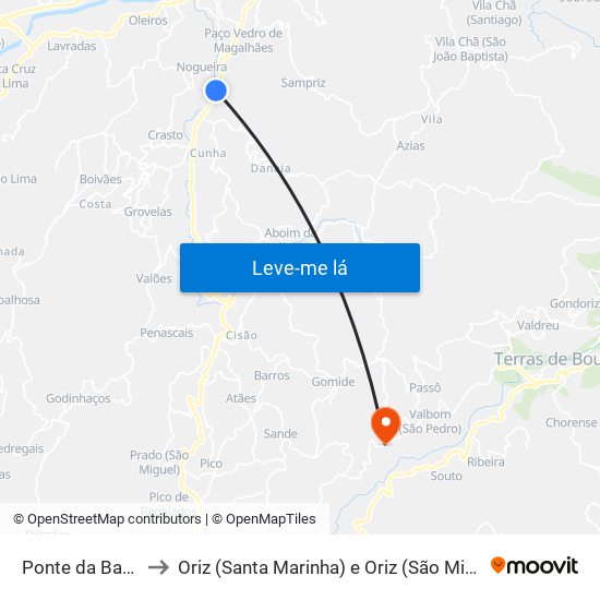 Ponte da Barca to Oriz (Santa Marinha) e Oriz (São Miguel) map