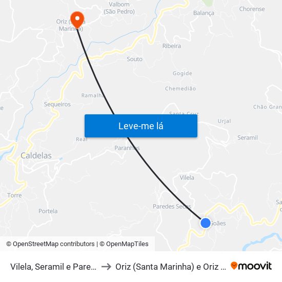 Vilela, Seramil e Paredes Secas to Oriz (Santa Marinha) e Oriz (São Miguel) map