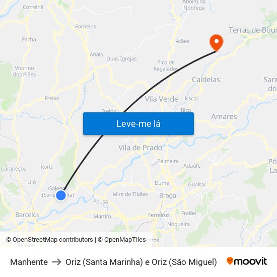 Manhente to Oriz (Santa Marinha) e Oriz (São Miguel) map