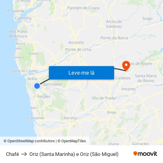 Chafé to Oriz (Santa Marinha) e Oriz (São Miguel) map