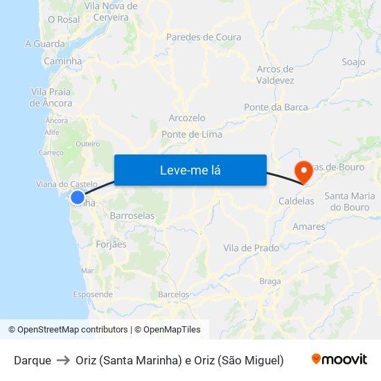 Darque to Oriz (Santa Marinha) e Oriz (São Miguel) map