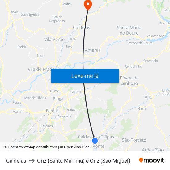 Caldelas to Oriz (Santa Marinha) e Oriz (São Miguel) map