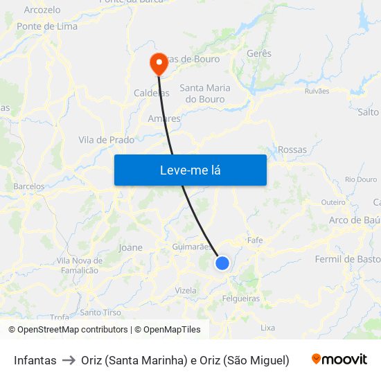 Infantas to Oriz (Santa Marinha) e Oriz (São Miguel) map