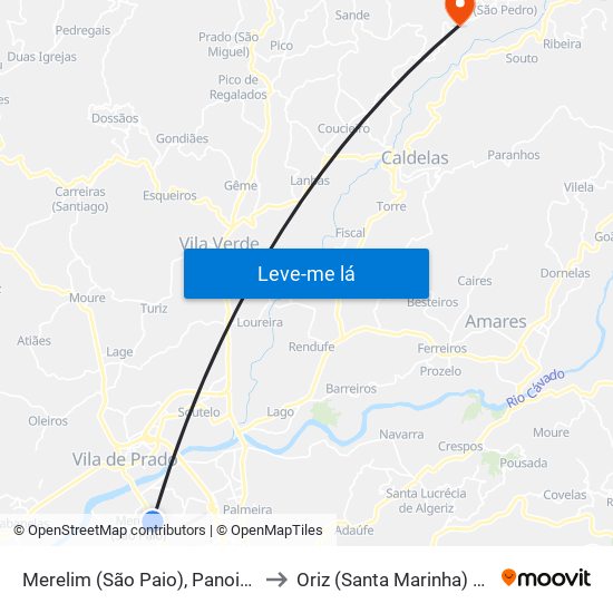 Merelim (São Paio), Panoias e Parada de Tibães to Oriz (Santa Marinha) e Oriz (São Miguel) map