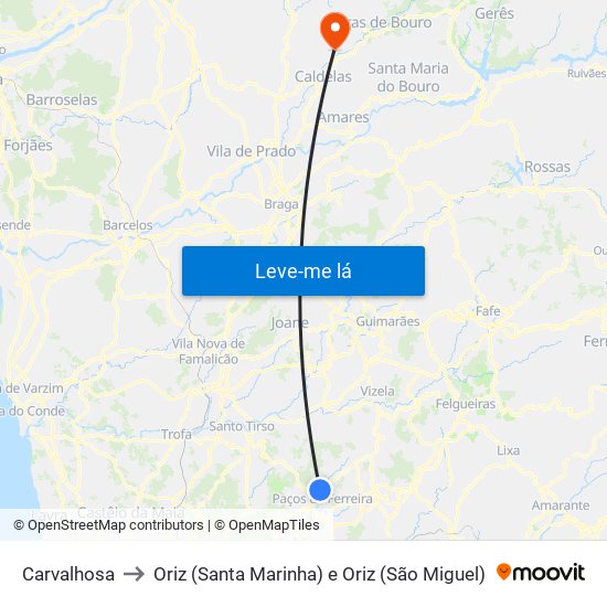 Carvalhosa to Oriz (Santa Marinha) e Oriz (São Miguel) map