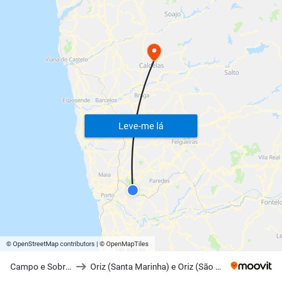 Campo e Sobrado to Oriz (Santa Marinha) e Oriz (São Miguel) map