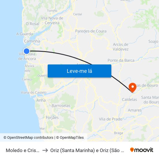 Moledo e Cristelo to Oriz (Santa Marinha) e Oriz (São Miguel) map