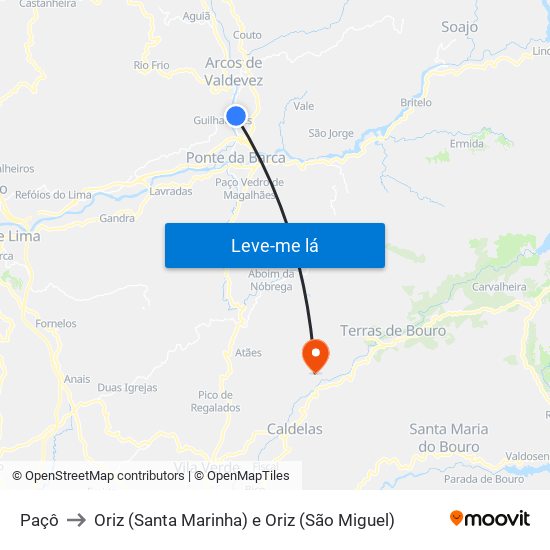 Paçô to Oriz (Santa Marinha) e Oriz (São Miguel) map