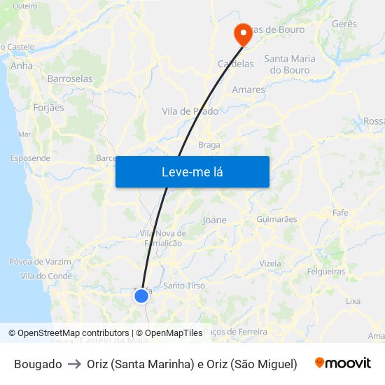 Bougado to Oriz (Santa Marinha) e Oriz (São Miguel) map