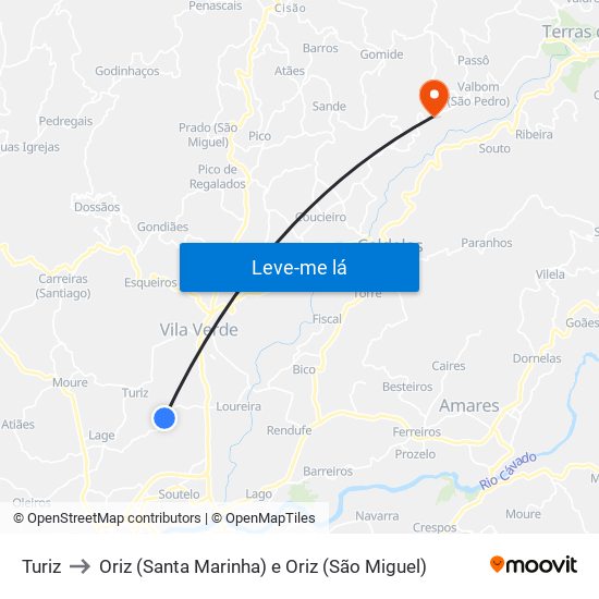 Turiz to Oriz (Santa Marinha) e Oriz (São Miguel) map