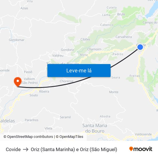 Covide to Oriz (Santa Marinha) e Oriz (São Miguel) map