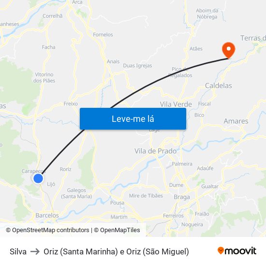 Silva to Oriz (Santa Marinha) e Oriz (São Miguel) map