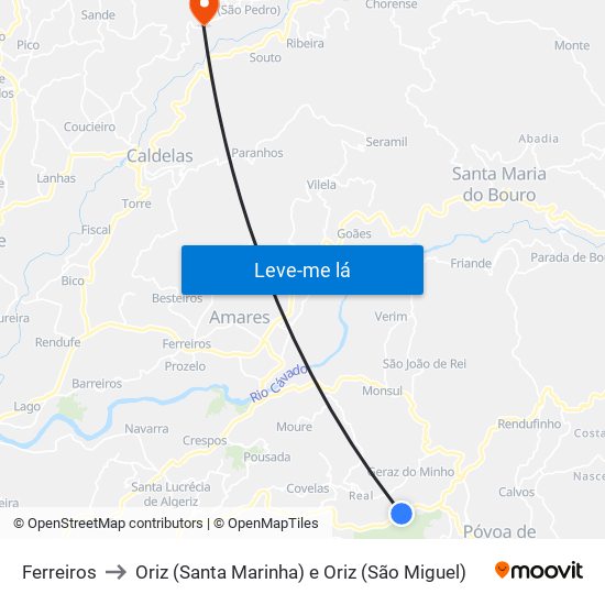 Ferreiros to Oriz (Santa Marinha) e Oriz (São Miguel) map