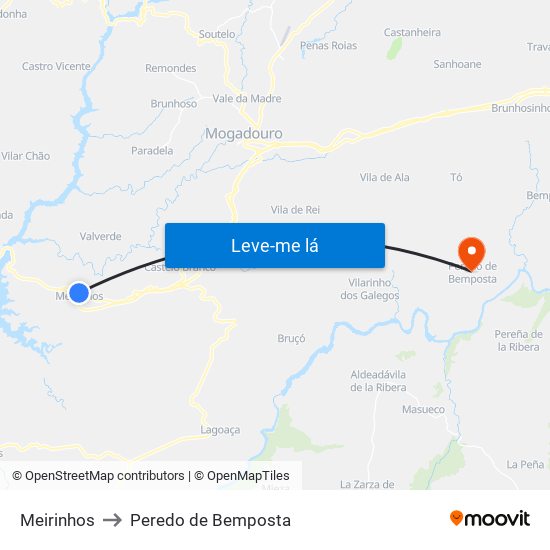 Meirinhos to Peredo de Bemposta map