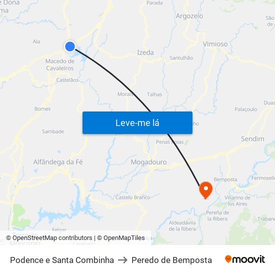 Podence e Santa Combinha to Peredo de Bemposta map
