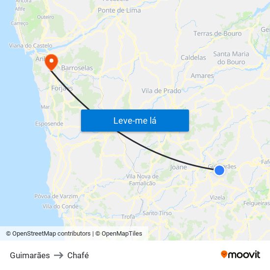 Guimarães to Chafé map