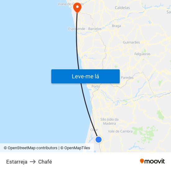Estarreja to Chafé map
