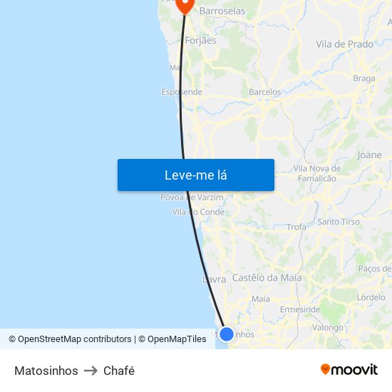 Matosinhos to Chafé map