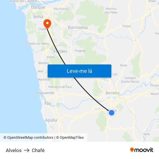 Alvelos to Chafé map