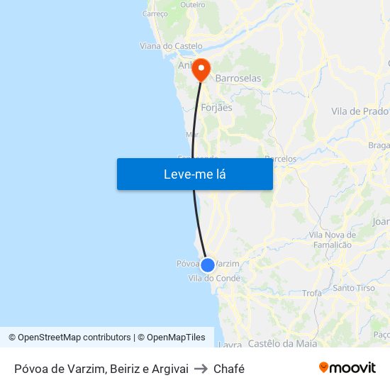 Póvoa de Varzim, Beiriz e Argivai to Chafé map