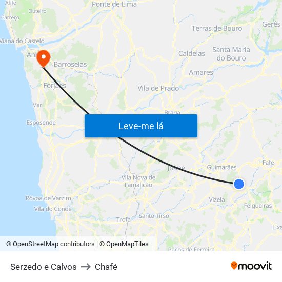 Serzedo e Calvos to Chafé map