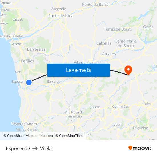 Esposende to Vilela map