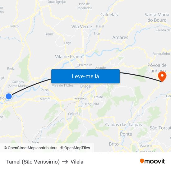 Tamel (São Veríssimo) to Vilela map