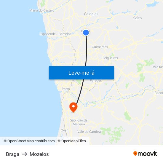 Braga to Mozelos map