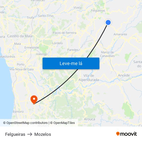 Felgueiras to Mozelos map